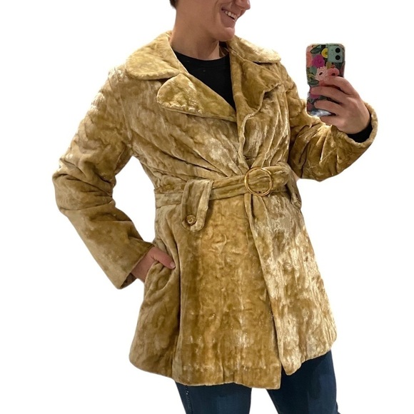 Vintage 70s golden beige crushed velvet pea coat medium